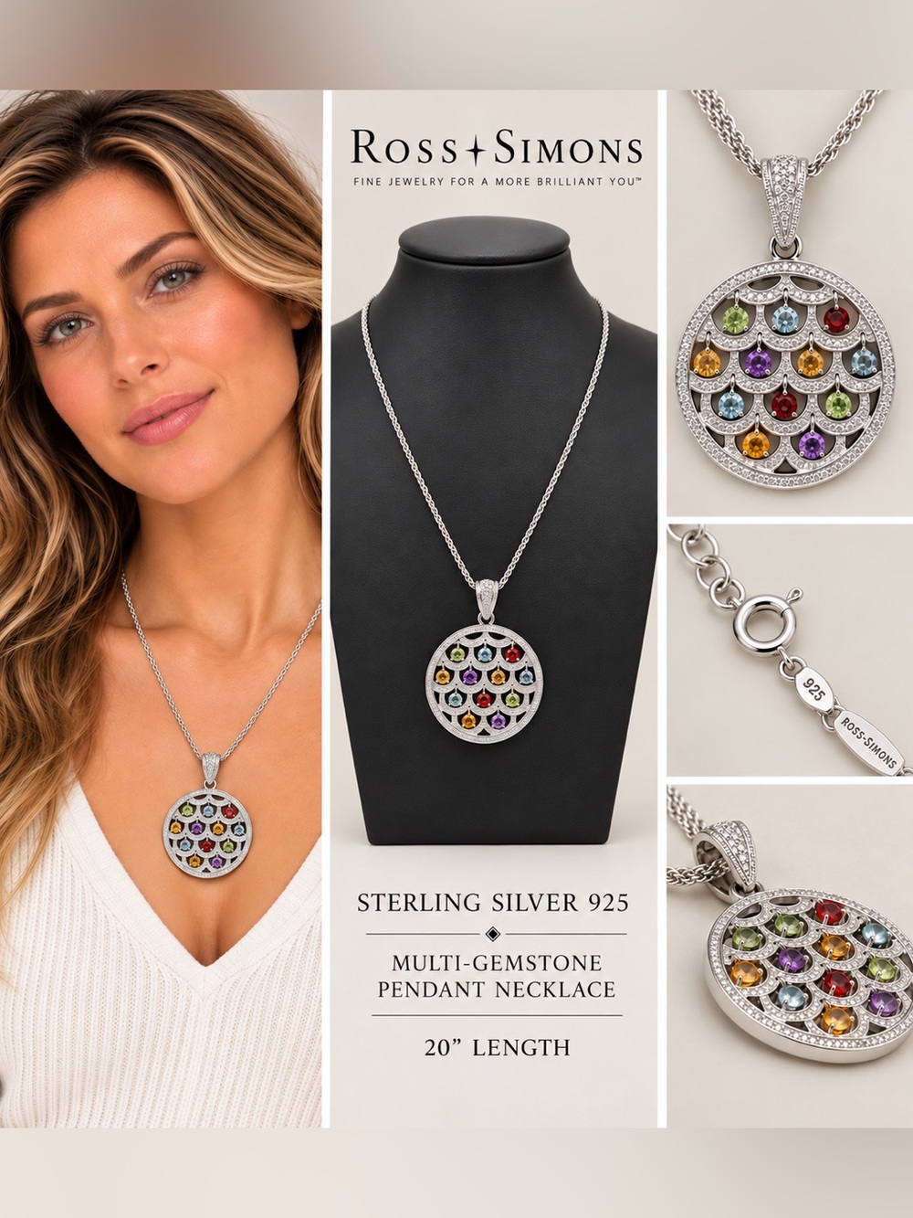 Ross-Simons Sterling Silver 925 Multi-Gemstone Round Pendant Necklace 20”